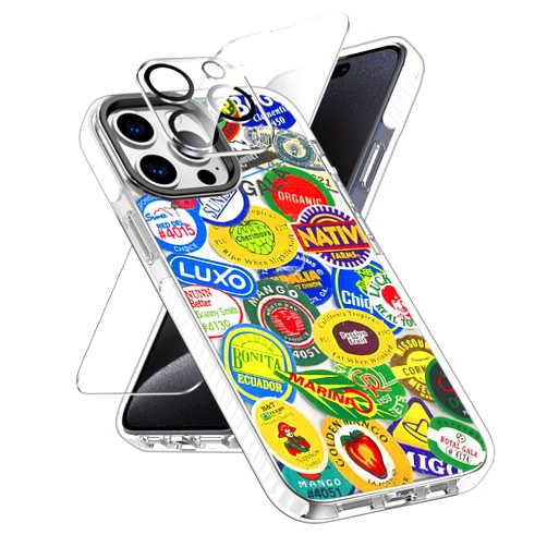 TRFAEE Designed for iPhone 15 Pro Max Case with Screen Protector & Camera Lens,Clear TPU Drop Proof Protective Bumper Phone Case Cover,Retro Fruits Stickers Collages Labels Stamp Collection