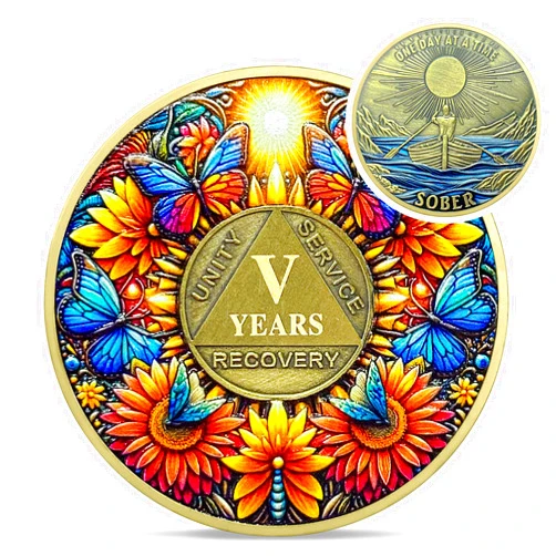 IELCJJ Delicate Sunflower 5 Year Sobriety Coin - Five Year Recovery Butterfly AA Coins - One Day at A Time NA HA AA Chips and Medallions - 1-20 Years Living Clean Alcoholics Anonymous Gifts for Men Women