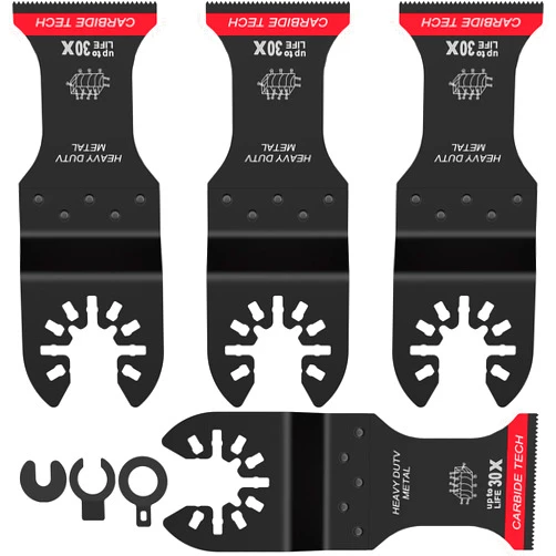 QENWKXZ 4Pcs Carbide Oscillating Saw Blades Set Universal Oscillating Multitool Blades Multipurpose Cutting Oscillating Tool Blades with 3 Spacer Adapters for Cutting Wood Metal Screws(4PCS)