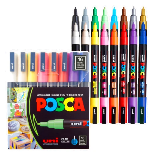 Posca Set of 16 Acrylic Paint Pens with Reversible Fine Point Pen Tips, Posca Pens are Acrylic Paint Markers for Rock Painting, Fabric, Glass Paint, Metal Paint, and Graffiti