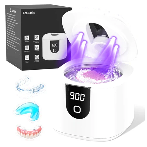 EcoBasic Ultrasonic Retainer Cleaner, 45kHz Retainer Cleaner Machine with 4 Modes Digital Timer, 200ML Denture Cleaner with Mouth Guards, Braces, Toothbrush Heads, Jewelry