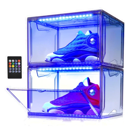 Oltraman Shoe Storage Organizer for Closet, Foldable Shoe Boxes Rack 2 pack, Clear Plastic Stackable Containers Bins Holder, Magnetic Sneaker Shelf for Sneakerheads with LED Lights Grey