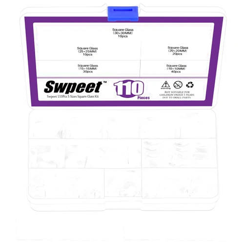 Swpeet 110Pcs 5 Sizes Square Transparent Glass Dome Cabochons Tiles Assortment Kit, Clear Glass Cabochons Tiles for Photo Pendant Necklace Jewelry Making Craft