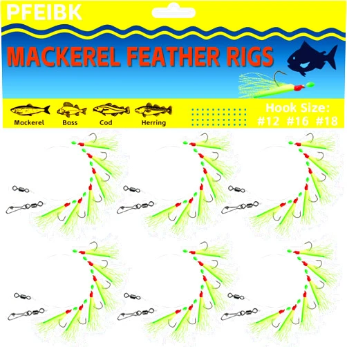 Pfeibk 10pcs Mackerel Feathers Rigs, Pre-Tied Saltwater Sea Fishing Rigs with 50 Hooks, Luminous Beads and Bionic Flying Insects for Mackerel,Pollock,Cod,Herring,Basss