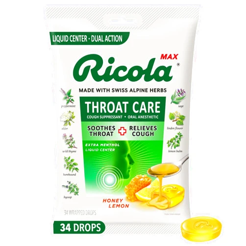 Ricola Max Honey Lemon Throat Care Large Bag | Cough Suppressant Drops | Dual Action Liquid Center | Soothing Long-Lasting Relief - 34 Count (Pack of 1)