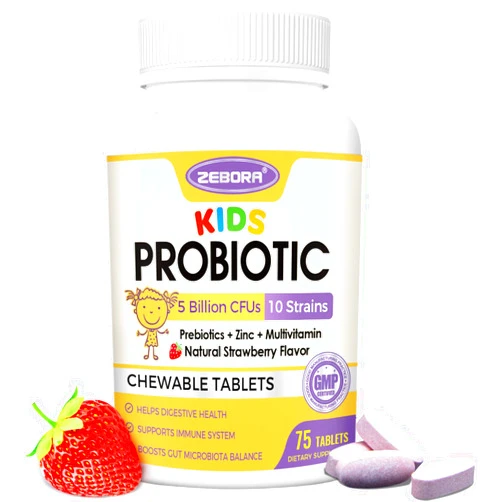 ZEBORA Kids Probiotic Chewables for Digestive Health with 5 Billion CFUs, Prebiotics and Probiotics for Kids for Gut Health, Immune Support, Nutrient Absorb, Vitamin C, Zinc, 75 Servings, Strawberry Flavor
