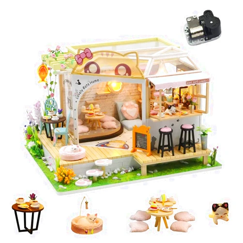 SYW DIY Miniature Dollhouse Kit with Music and LED Light，DIY Cat Coffee Garden Miniature House Kit, 1:24 Scale Creative Doll House Toys for Teen Adults