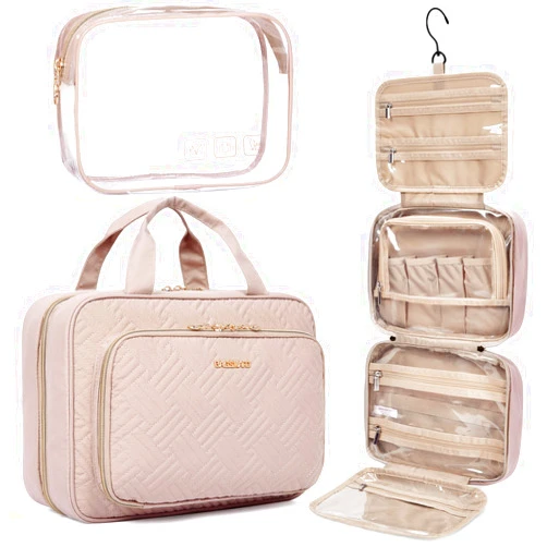 BAGSMART Toiletry Bag Hanging Travel Makeup Organizer with TSA Approved Transparent Cosmetic Bag Makeup Bag for Full Sized Toiletries, Medium-Pink