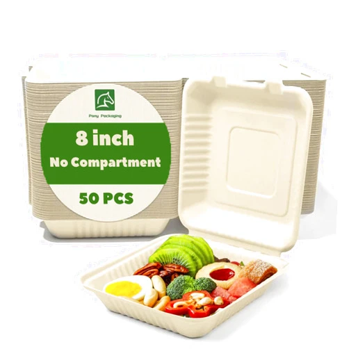 Pony Packaging 8X8 50-Pack 100% Compostable Clamshell Take Out Food Containers, Heavy-Duty Quality to go Containers, Natural Disposable Bagasse, Eco-Friendly Biodegradable Made of Sugar Cane Fibers
