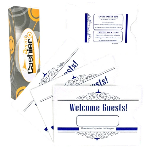 CASHIER DEPOT YOUR ONE STOP SHOP FOR ALL CASHIER'S NEEDS 500 Cashier Depot - Hotel Key Card Sleeves, White, 24 lb Paper, 2 3/8 x 3 1/2 Inches, Welcome Guest Message in Blue, 500 Count