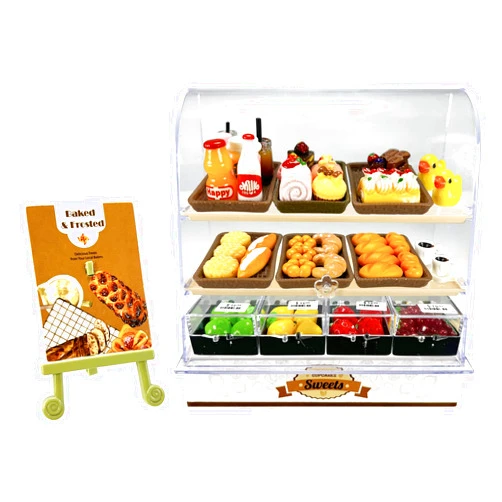 HKLMRO 86 Pieces Miniature Bakery Case Cake Stand Display Cabinet with Food Set Mini Plastic Counter Dessert Donuts for 1:12 Doll House Store Scene Decoration Gift Dollhouse Bread Shop Model Playhouse