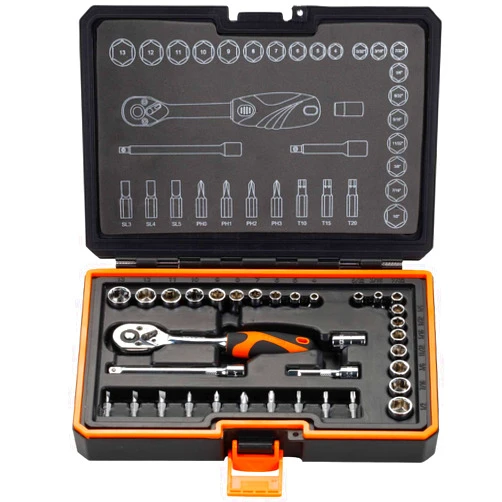 KENDO 35-Pieces 1/4’’ Dr. Ratchet Socket Wrench Set - CRV SAE & Metric Sockets + Bits with 72 Tooth Reversible Quick Release Wrench, Extension Bars & Adapters - Premium Carry Case Included