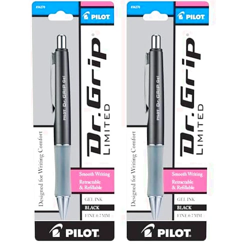 PILOT Dr. Grip Limited Refillable & Retractable Gel Ink Rolling Ball Pen, Fine Point, Metallic Charcoal Gray Barrel, Black Ink, Single Pen (36270) (Pack of 2)