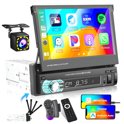 Hikity (Stable) Hikity Wired Carplay Single Din Car Stereo, 7 Inch Flip Out Touch Screen Car Radio with Android Auto, Bluetooth, Mirror Link, Backup Camera, FM, USB, SWC, Voice Control Split Screen