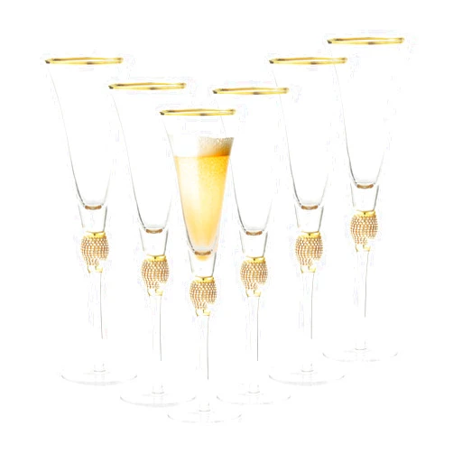 BERKWARE Premium Champagne Trumpet Flutes - Crystal Champagne Glasses with Gold Rim & Gold Dazzling Rhinestone Design - 9oz each (Set of 6)