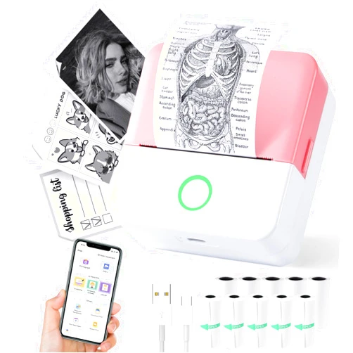 Cudinham Print Pods Mini Printer, Thermal Inkless Sticker Maker with 10 Rolls Printing Paper, Pocket Printpod for phone, Impresora Portátil for Notes, Flashcards, Journal, DIY, Compatible with iOS & Android
