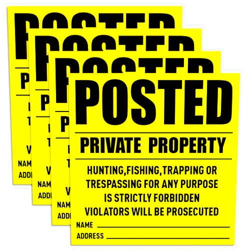 CRAGIEER 4 Pcs No Trespassing Signs Private Property Reflective Aluminum Posted Signs Metal No Hunting or Trespassing Signs for Warning No Hunting Fishing Trapping Indoor Outdoor Use, 12x12