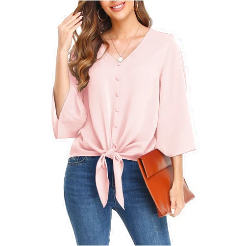 VIISHOW Women's Button V Neck Chiffon Tops 3/4 Bell Sleeve Tie Knot Casual Blouses Loose Summer Shirts