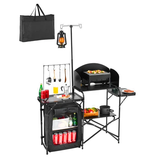 VEVOR Camping Kitchen Table, Outdoor Camp Cooking Table, Aluminum Portable Cook Station with Storage Cupboard, Carrying Bag, Detachable Windscreen, Quick Set-up for BBQ Party Picnic RV Travel, Black