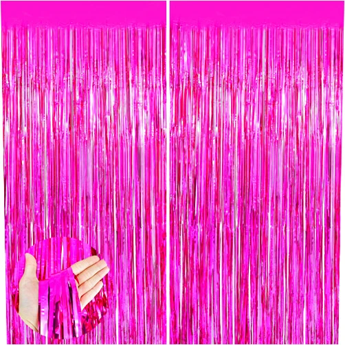 YEURFONTASY Hot Pink 2 Pack Metallic Tinsel Foil Fringe Curtains, 3.3x8.3 Feet Pink Streamers for Party, Door Streamers Party Decorations, Party Streamers for Birthday Christmas Party Decorations