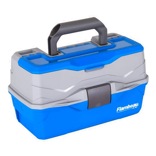 Flambeau Outdoors 6382TB 2-Tray Tackle Box - Classic Fishing Lure Storage Organizer, Medium Portable Tackle Box, 15 Tray Compartments, Blue/Gray