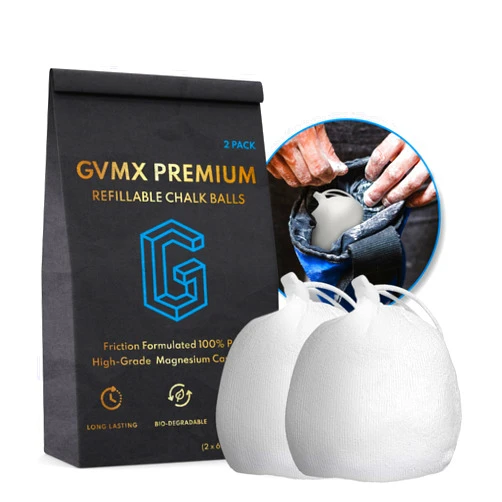 GVMX 130g (2 x 65g) Premium Chalk Balls. Pro-Grade Gym Chalk in Refillable Sock. Eco Friendly Packaging. Grip Enhancing Gym Accessory for Weightlifting, Rock Climbing, Gymnastics & More. Package May Vary.