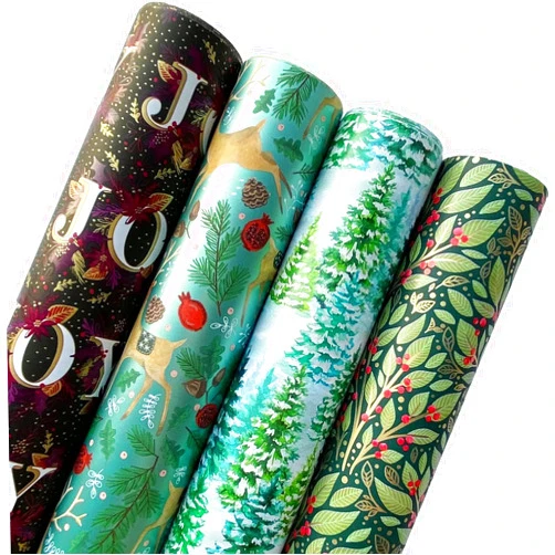 Jillson Roberts Mature Christmas Wrapping Paper Roll Bundle (25 sq ft per roll, 100 Total Sq Ft) Trees, Reindeer, Holly, Floral, 4 Pack
