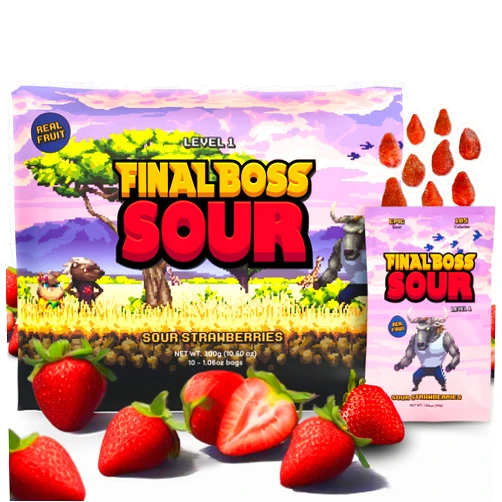 Final Boss Extremely Super Sour Candy, Natural Chewy Strawberry Gummies Made with Dried Fruit, Free of Artificial Colors, Low Calorie Healthy Snack for Kids & Adults, 1.06oz, 10 Pack (LvL 1 Sourness)
