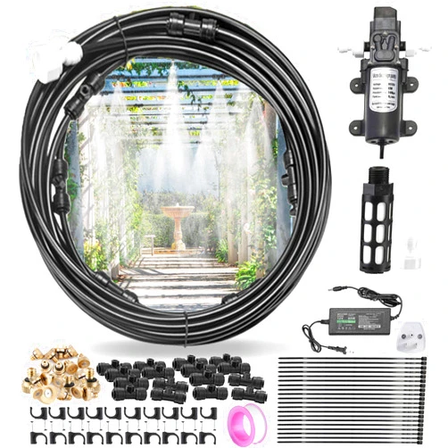 CozyCabin Outdoor Misting Cooling System with Pump - 40ft (12m) Misting Line with Filter + 6 Brass Mist Nozzles (3/4