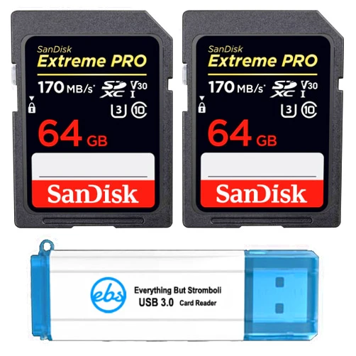 SanDisk 64GB SDXC SD Extreme Pro Memory Card (Two Pack) Bundle works with Nikon D3500, D7500, D5600 Digital DSLR Camera 4K V30 U3 (SDSDXXY-064G-GN4IN) Plus (1) Everything But Stromboli (TM) 3.0 Reader