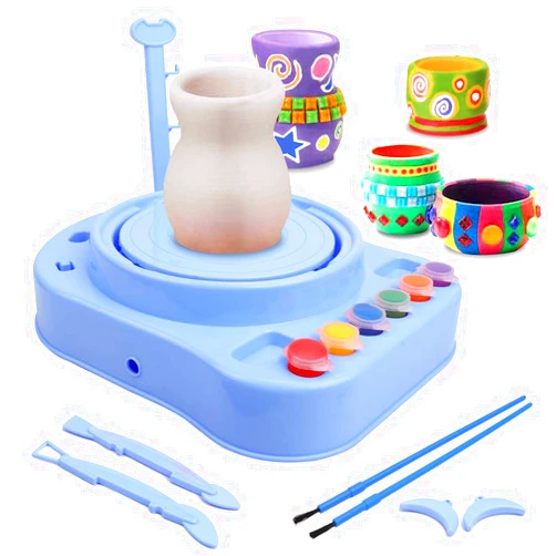 IAMGlobal Pottery Wheel, Pottery Studio, Craft Kit, Artist Studio, Ceramic Machine with Clay, Educational Toy for Kids Beginners (Blue)