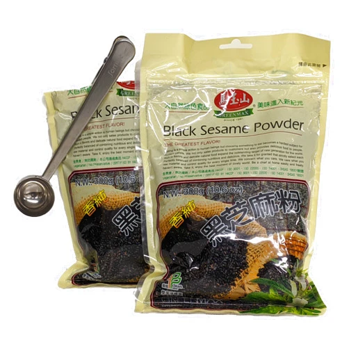 Twin Fortune Greenmax Black Sesame Powder Ground Sesame Seeds 10.6 oz bag (Pack of 2) Roasted Fine Grind Pure Sesame Seeds No Sugar and TwinFortune Stainless Steel 2 in 1 Scooper and Bag Clip Tool