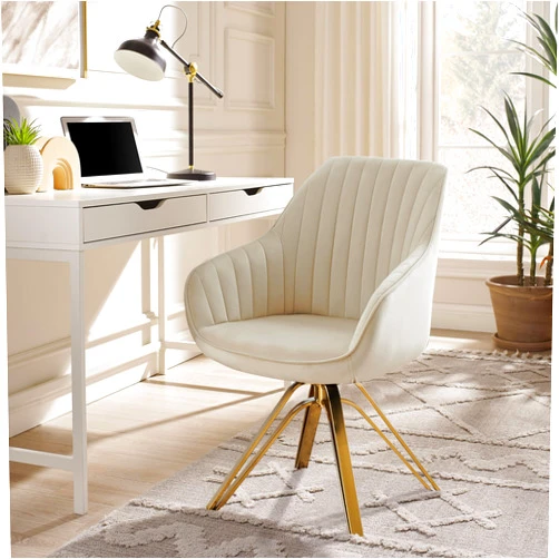 Zouron Mid Century Modern Swivel Accent Chair with Gold Metal Legs, Upholstered Swivel Chair No Wheels, Side Accent Arm Chair Vanity Chair for Small Space Home Office Living Room Bedroom, Off White