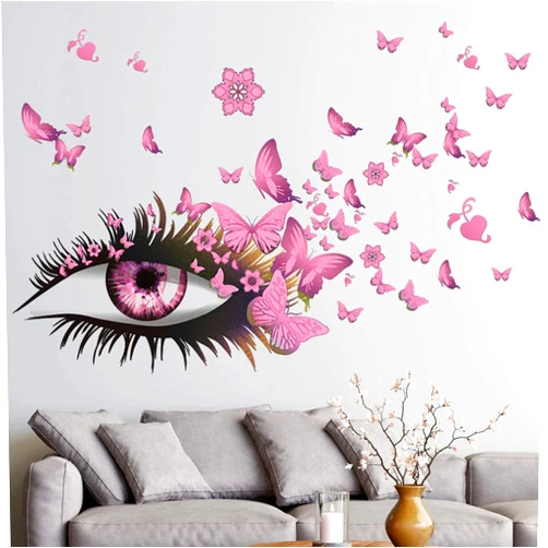 X-xdaonl Creative Beautiful Girl Eyes Wall Sticker, Pink Flying Butterfly Wall Decals, Girl Long Eyelashes Heart Décor, DIY Art Vinyl Mural for Couple Lovers Girls Bedroom Living Room Decoration