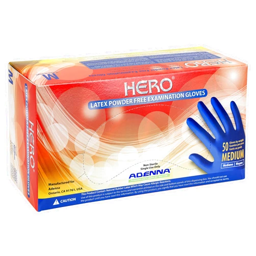 Adenna HER005 Hero 14 mil Powder-Free Latex Gloves, Extended Cuff, Medical Grade, Blue, Medium, Box of 50
