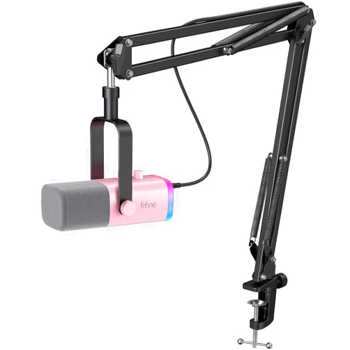 FIFINE XLR Gaming Microphone USB, PC Dynamic Microphone Kit for Vocal, Recording, Podcast, Streaming RGB Mic with Headphone Jack, Mute Button, Boom Arm Stand for Computer/Mixer-AmpliGame AM8T Pink