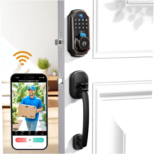 ARPHA Keyless Entry Door Lock Deadbolt with Handle Set - WiFi Door Lock with Camera - 5 in 1 Camera+Doorbell+Fingerprint Keyless Entry Door Lock, App Control, Auto Lock Easy to Instal, Waterproof