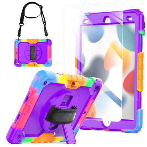 Blosomeet iPad 9th/8th Generation Case 2021/2020 10.2 Inch with Tempered Glass Screen Protector |Rugged Shockproof iPad 7th Gen Kids Cover 2019 w/Stand Pencil Holder & Hand Shoulder Strap|Purple
