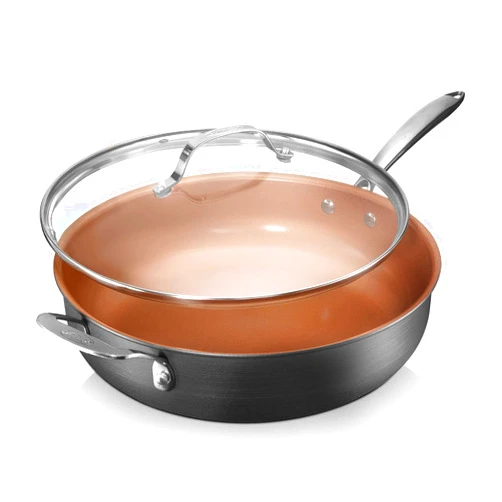 Gotham Steel Nonstick Sauté Pan with Lid – 5.5 Quart. Multipurpose Ceramic Jumbo Cooker Fry Pan with Glass Lid, Stay Cool Handle + Helper Handle, Oven, Stovetop & Dishwasher Safe, 100% PFOA Free 5.5
