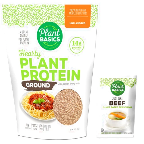 Plant Basics Plant Based Meat Substitutes Plant Basics - Hearty Plant Protein - Unflavored Ground, 1 lb - Plant Based Seasoning, Just Like Beef, 2 ounce - Non-GMO, Gluten Free, Vegan