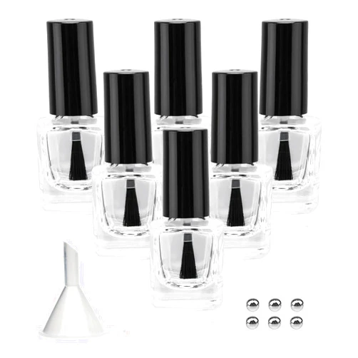 Agidea 6PCS Empty Nail Polish Bottles with Funnel, Empty Fingernail Polish Bottles Glass Rectangle with Brush & Mixing Balls Black (5ML)