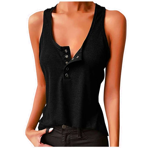 Generic Women's Tank Tops Loose Fit Plus Size V Neck Button Tank Basic Solid Top Trendy Soft Comfy Summer Sleeveless Shirt