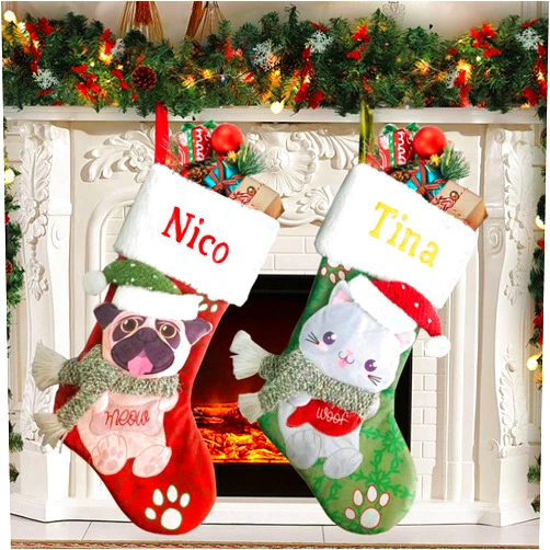 ZGCYSMHT Personalized Christmas Stocking,Custom Name Christmas Stockings for Dogs Cats,Decorations Hanging Fireplace with 3D Puppy Dog or Cat for Xmas Family Holiday Decor (4 Pcs)