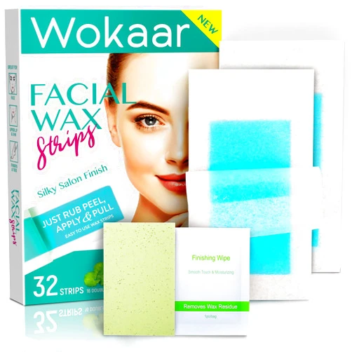 Wokaar 2 IN 1 Centella Asiatica Facial Wax Strips for Women & Men, Bikini Hair Removal for Travel & Home, Waxing Kit with 32 Face Wax Strips+ 6 Calming Oil Wipe+ 20 Oil Blotting Sheet, Non Messy