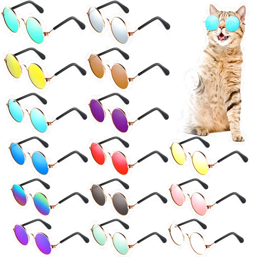 Weewooday 15 Pieces Dog Sunglasses Cat Sunglasses Retro Small Pet Round Metal Sunglasses Puppy Funny Cosplay Glasses Doll Photo Props Eyewear Costume for Small Medium Dogs