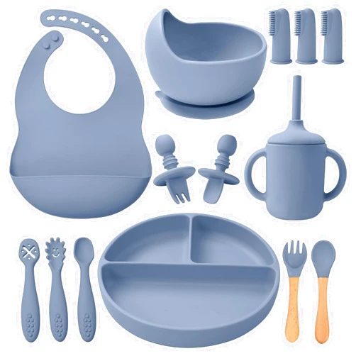 LITTLE RAWR Silicone Baby Feeding Set 14 Pcs,Baby Led Weaning Supplies, Baby Spoons Suction Bowl Divided Plate Bib Cup Finger Brush,First Stage Solid Food Eating Utensils - 6+ Months(Blue Gray)