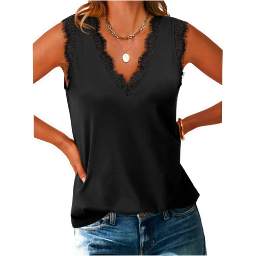 ANRABESS Womens Lace Trim Tank Tops V Neck Sleeveless Shirts 2025 Summer Casual Trendy Dressy Cami Top
