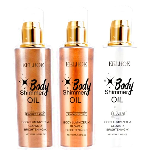 Wintgrea Shimmer Body Oil 3 PCS,Body Glitter Set Long Lasting Hair Luminizer Face Brighten Shimmer Oil,Body Glow Oil，Perfect for Festivals（Golden brown glitter， silver white， gold copper)