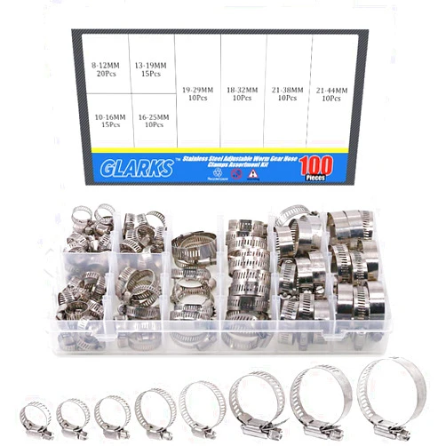 Glarks 100Pcs Adjustable 8-44mm Range 304 Stainless Steel Worm Gear Hose Clamps Assortment Kit, Fuel Line Clamp for Water Pipe, Plumbing, Automotive and Mechanical Application (Hose Clamp Kit)