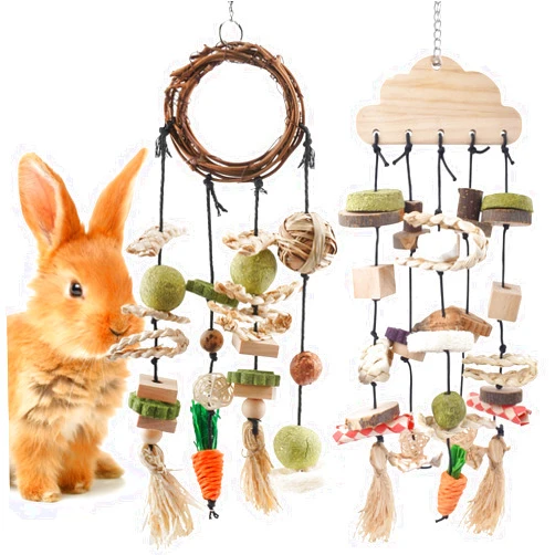 Bissap Bunny Chew Toy, 2 Packs Rabbits Cage Hanging Chew Toys and Treats Rattan Ring Wooden with Snacks for Chinchillas Guinea Pigs Hamsters Rats and Other Small Pets Teeth Grinding
